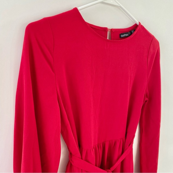 Petite Skater Mini Dress Blouson Long Sleeves Waist Tie Pleated Red 0 - Picture 5 of 16